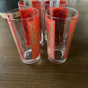Elegant Red and Gold Patterned Glass Tumblers MCM bar glasses
